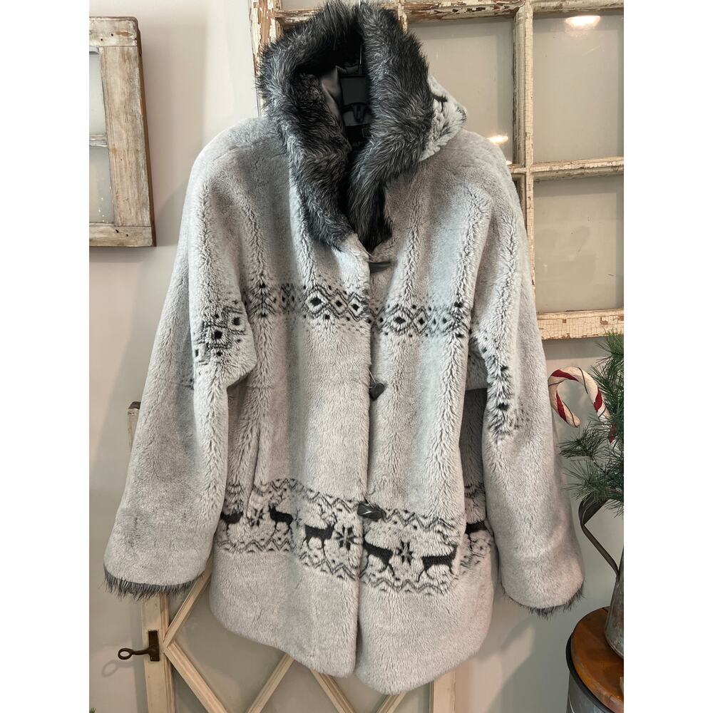 Alpine Studio size medium fuzzy fleece coat with deer & fur trim